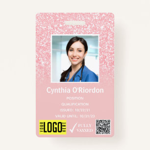 Pink Glitter Staff Photo ID QR Barcode Badge