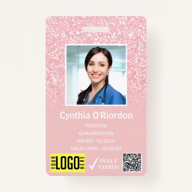 Pink Glitter Staff Photo ID QR Barcode Badge (Front)