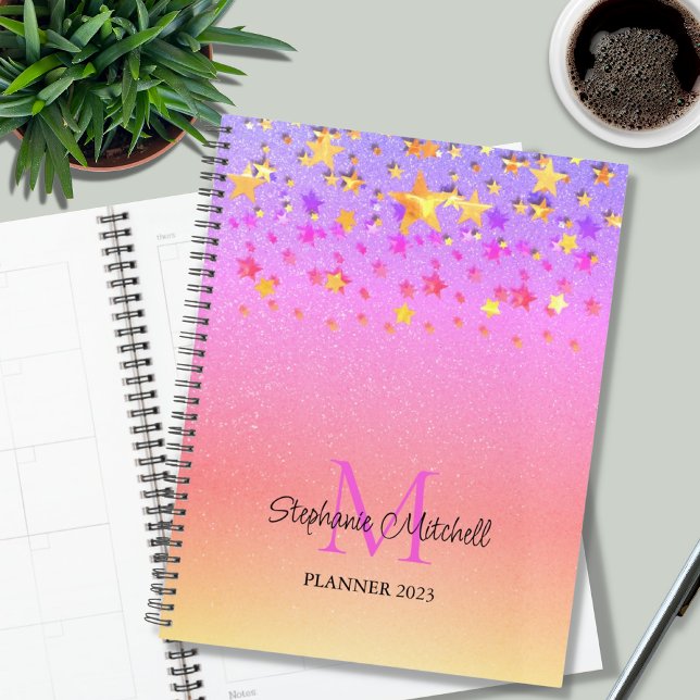Pink Glitter Stars Monogram Name 2023 Planner (Creator Uploaded)