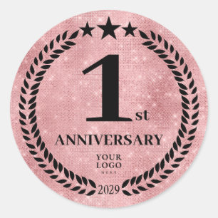  Pink Glitter Style 1st Anniversary Business Logo Classic Round Sticker