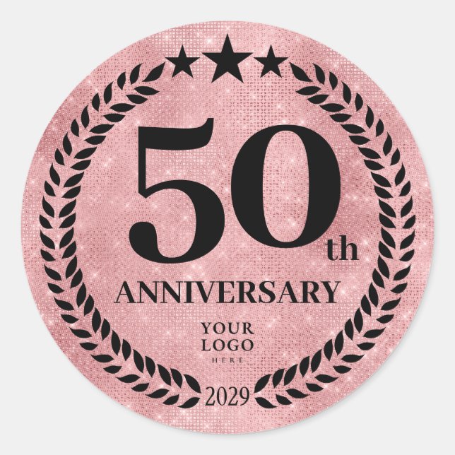  Pink Glitter Style 50th Anniversary Business Logo Classic Round Sticker (Front)