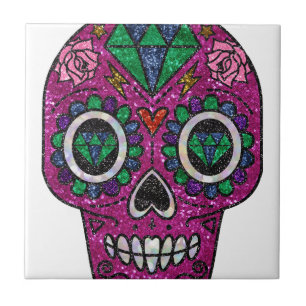 pink glitter sugar skull tile