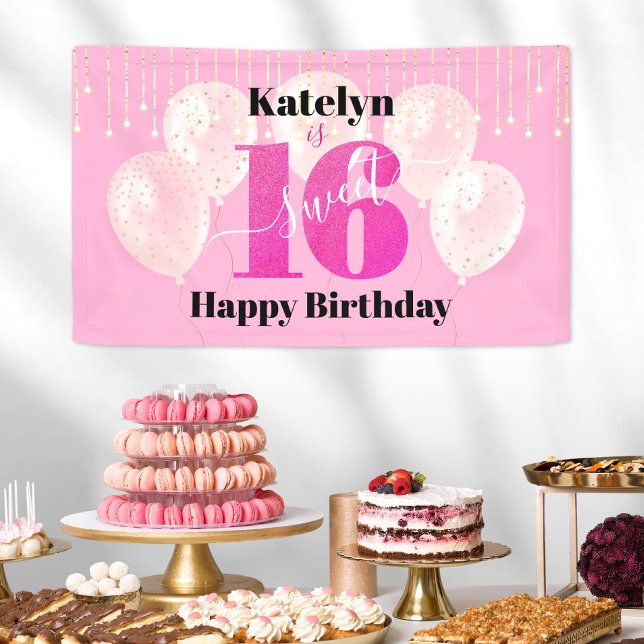 Pink Glitter Sweet 16 Birthday Balloons Script Banner (Creator Uploaded)
