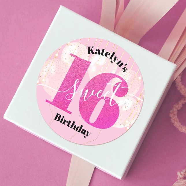 Pink Glitter Sweet 16 Birthday Balloons Script Classic Round Sticker (Creator Uploaded)