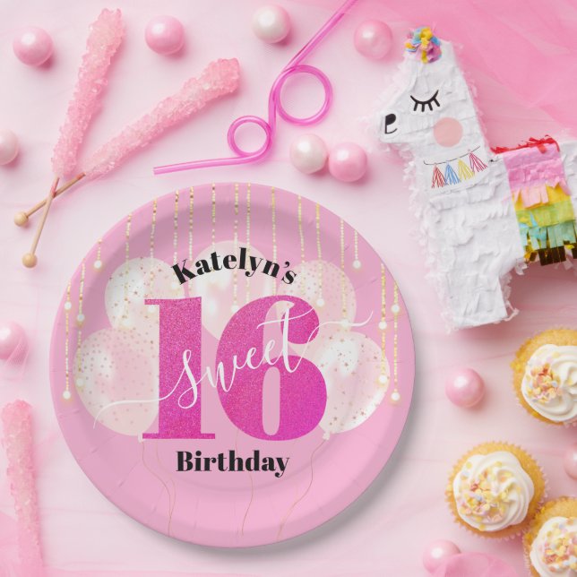 Pink Glitter Sweet 16 Birthday Balloons Script Paper Plate (Party)