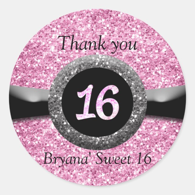 Pink Glitter Sweet 16 Birthday Party Favor Sticker (Devant)
