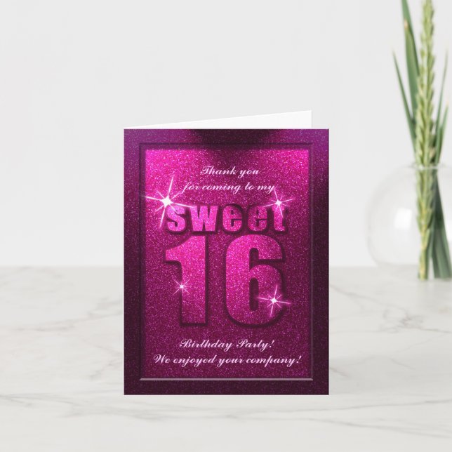 Pink Glitter Sweet 16 Birthday Thank You Card (Front)