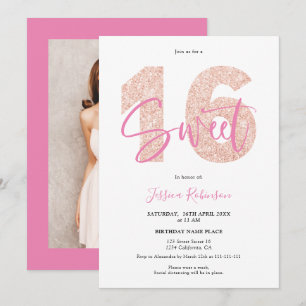 Pink glitter Sweet 16 girly script photo birthday Invitation