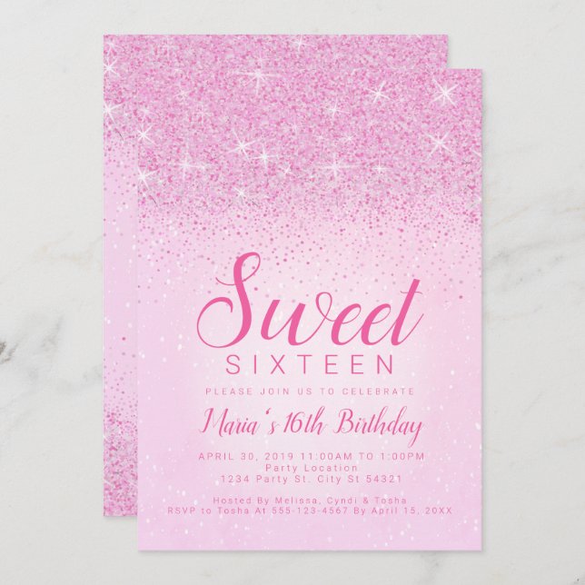 Pink Glitter, Sweet 16 Invitations (Front/Back)
