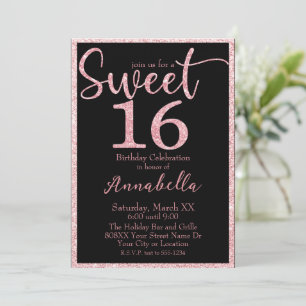 Pink Glitter Sweet 16 on Black Birthday Invitation