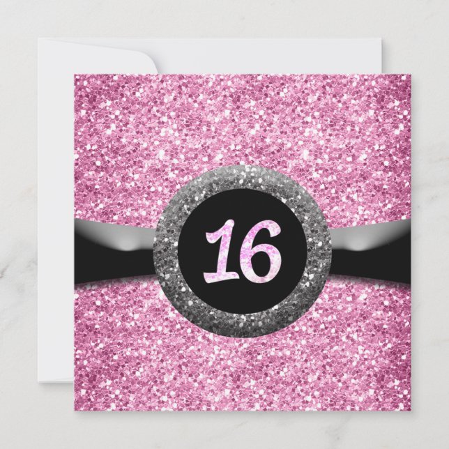 Pink Glitter Sweet 16 Ribbon Emblem Invitation (Front)