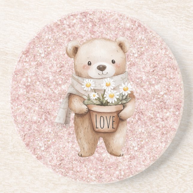 Pink Glitter Sweet Bear Daisy Flowers Coaster (Front)