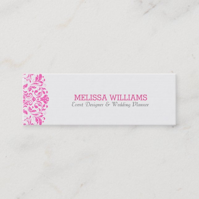 Pink Glitter Swirly Lace Plush White Background Mini Business Card (Front)