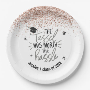 Pink Glitter Tassel Worth the Hassle Graduation Paper Plate