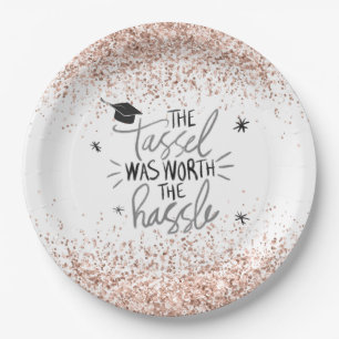 Pink Glitter Tassel Worth the Hassle Graduation  Paper Plate