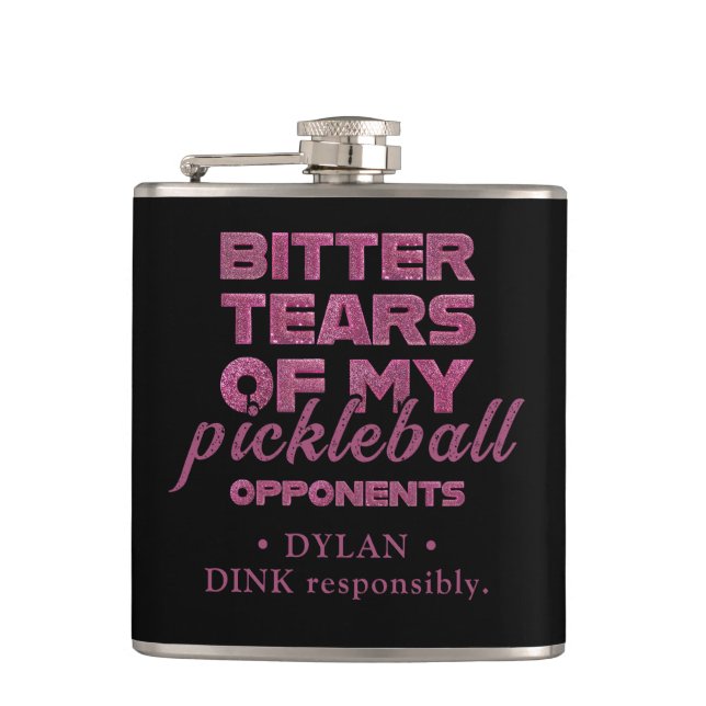 Pink Glitter Tears of My Opponents Personalized Hip Flask (Front)