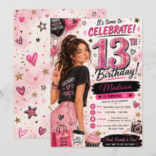 Pink Glitter Teen Birthday Party Invitation