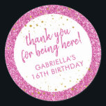 Pink Glitter Thank You Birthday Favour Classic Round Sticker<br><div class="desc">Bright bubblegum pink glitter and gold sparkle personalized thank you favour stickers for a fun and girly birthday party. All of the text is editable, making them great for a little girl's 1st 5th, or 8th birthday, or a big girl's 13th 15th sweet 16th, 18th or 21st birthday or graduation....</div>