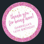 Pink Glitter Thank You Birthday Favour Classic Round Sticker<br><div class="desc">Bright bubblegum pink glitter and gold sparkle personalized thank you favour stickers for a fun and girly birthday party. All of the text is editable, making them great for a little girl's 1st 5th, or 8th birthday, or a big girl's 13th 15th sweet 16th, 18th or 21st birthday or graduation....</div>