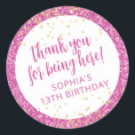 Pink Glitter Thank You Birthday Favour Classic Round Sticker<br><div class="desc">Bright bubblegum pink glitter and gold sparkle personalized thank you favour stickers for a fun and girly birthday party. All of the text is editable, making them great for a little girl's 1st 5th, or 8th birthday, or a big girl's 13th 15th sweet 16th, 18th or 21st birthday or graduation....</div>