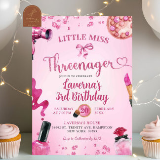 Pink Glitter Threenager Make Up Birthday Invitation
