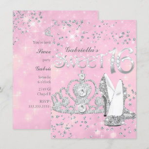 Pink Glitter Tiara & Heels Sweet 16 Invite