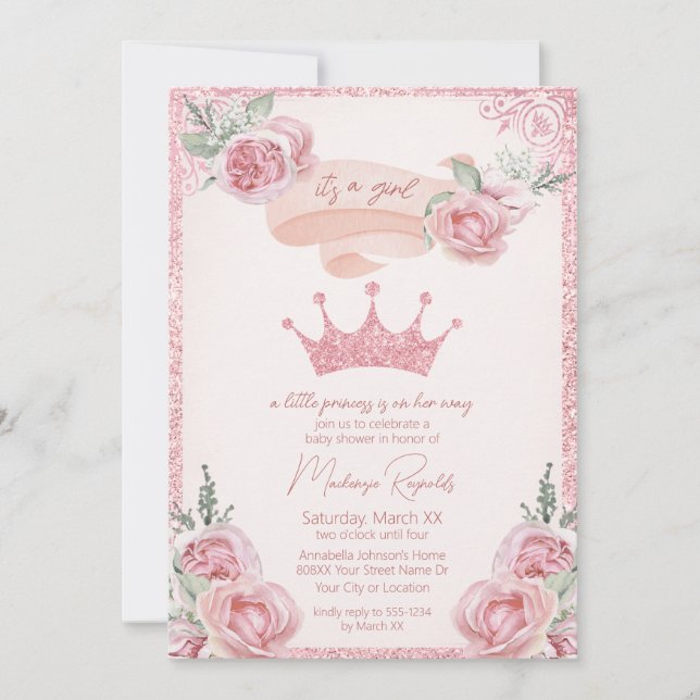 Pink Glitter Tiara Princess Baby Shower Invitation (Front)