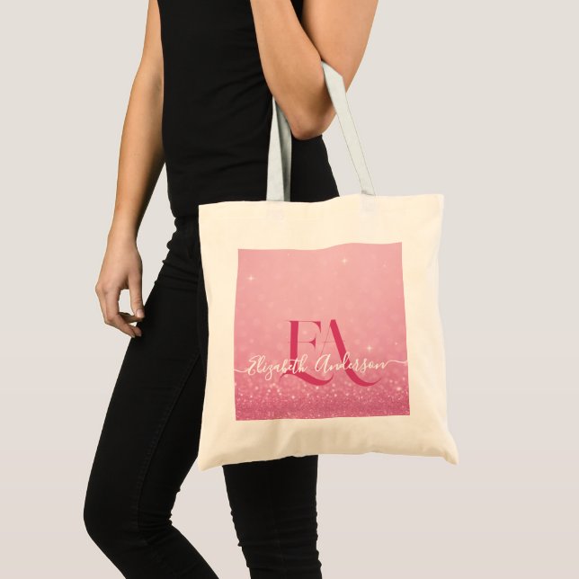 Pink Glitter Tote Bag with Initials & Name (Front (Product))