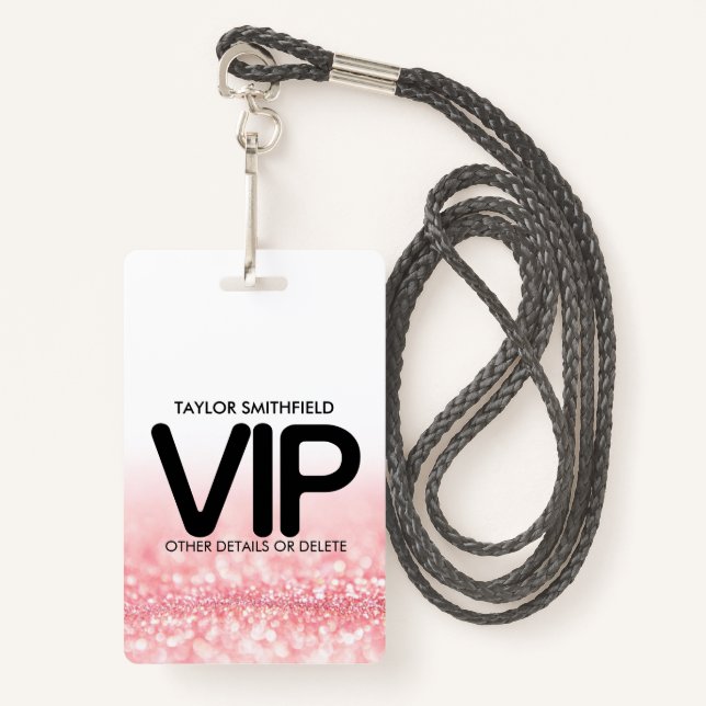 Pink Glitter trendy VIP lanyard badge custom (Front with Lanyard)