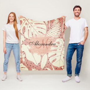 Pink Glitter Tropical Leaves Fleece Blanket