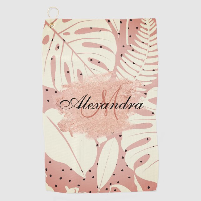 Pink Glitter Tropical Leaves Golf Towel (Front)