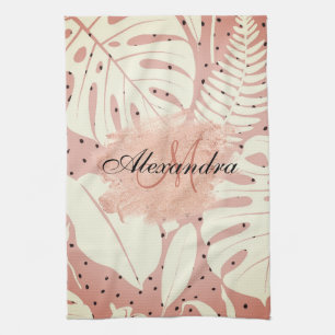 Pink Glitter Tropical Leaves Kitchen Towel