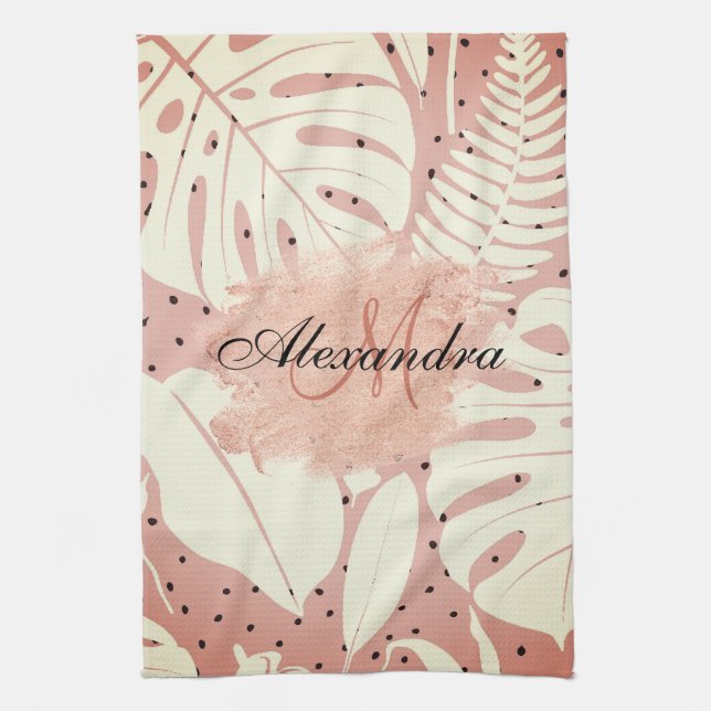Pink Glitter Tropical Leaves Kitchen Towel (Vertical)