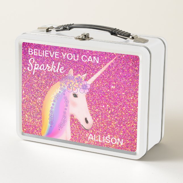 Pink Glitter Unicorn Girly Sparkle Personalized Metal Lunch Box (Front)
