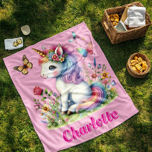 Pink Glitter unicorn meadow wildflowers  Fleece Blanket
