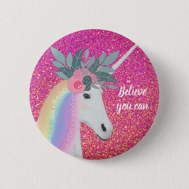 Pink Glitter Unicorn Rainbow Fantasy Flowers 2 Inch Round Button (Front)