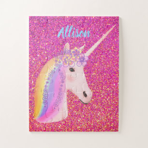 Pink Glitter Unicorn Rainbow Magical Kids Jigsaw Puzzle