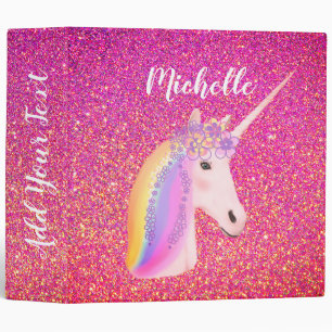 Pink Glitter Unicorn Rainbow Personalized Binder
