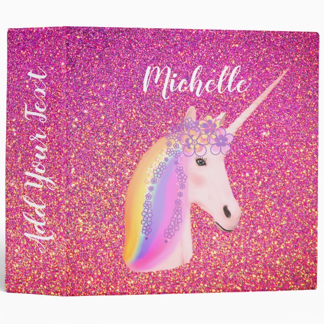 Pink Glitter Unicorn Rainbow Personalized Binder (Front/Spine)