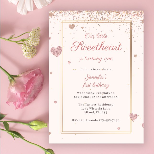 Pink Glitter Valentine Sweetheart 1st Birthday Invitation (Creator Uploaded)