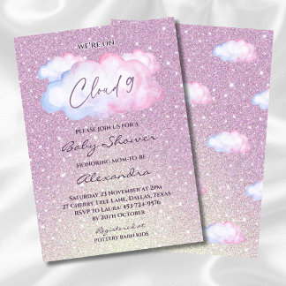 Pink Glitter Watercolor Cloud Baby Shower Invitation
