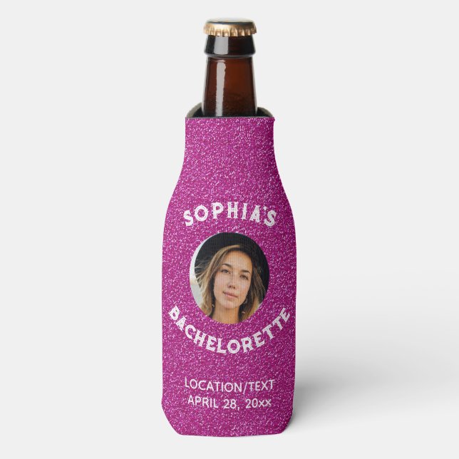 Pink Glitter Wedding Bacherolette Party Photo Bottle Cooler (Bottle Front)