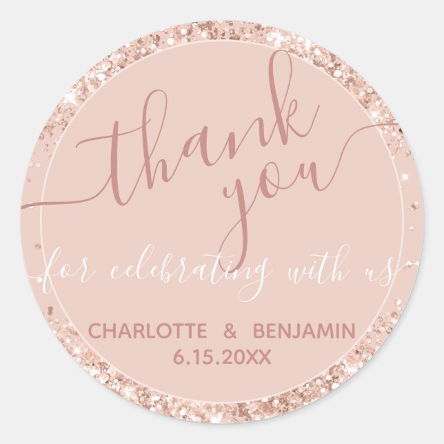 Pink Glitter Wedding Thank You Round Sticker (Front)