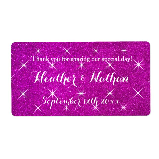 Pink glitter wedding wine or water bottle labels (Front)