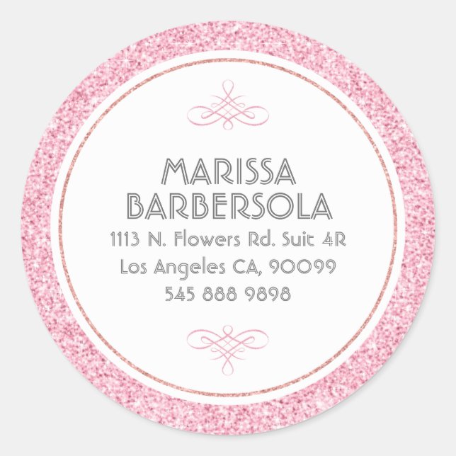 Pink Glitter White Circle Modern Design Classic Round Sticker (Front)
