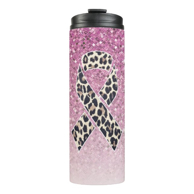 Pink Glitter with Leopard Print Awareness Ribbons Thermal Tumbler (Front)