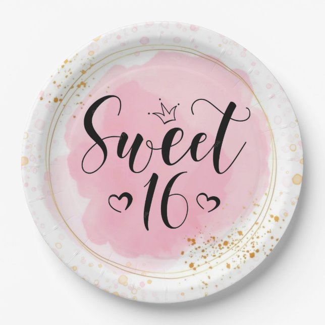 Pink Glitter Wreath Sweet 16th Girl Birthday Paper Plate (Front)