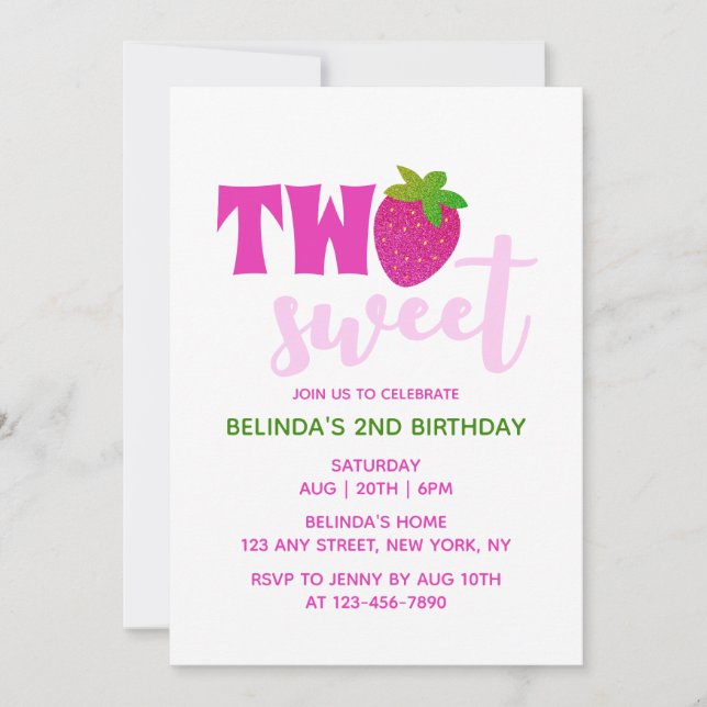 Pink Glitter Y2K Strawberry Two Sweet 2nd Birthday Invitation (Front)