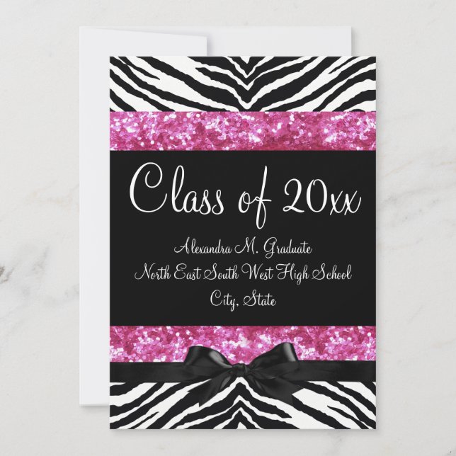 Pink Glitter Zebra Bow Graduation Invite (Front)