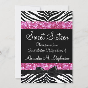 Pink Glitter Zebra Bow Sweet Sixteen Invitation
